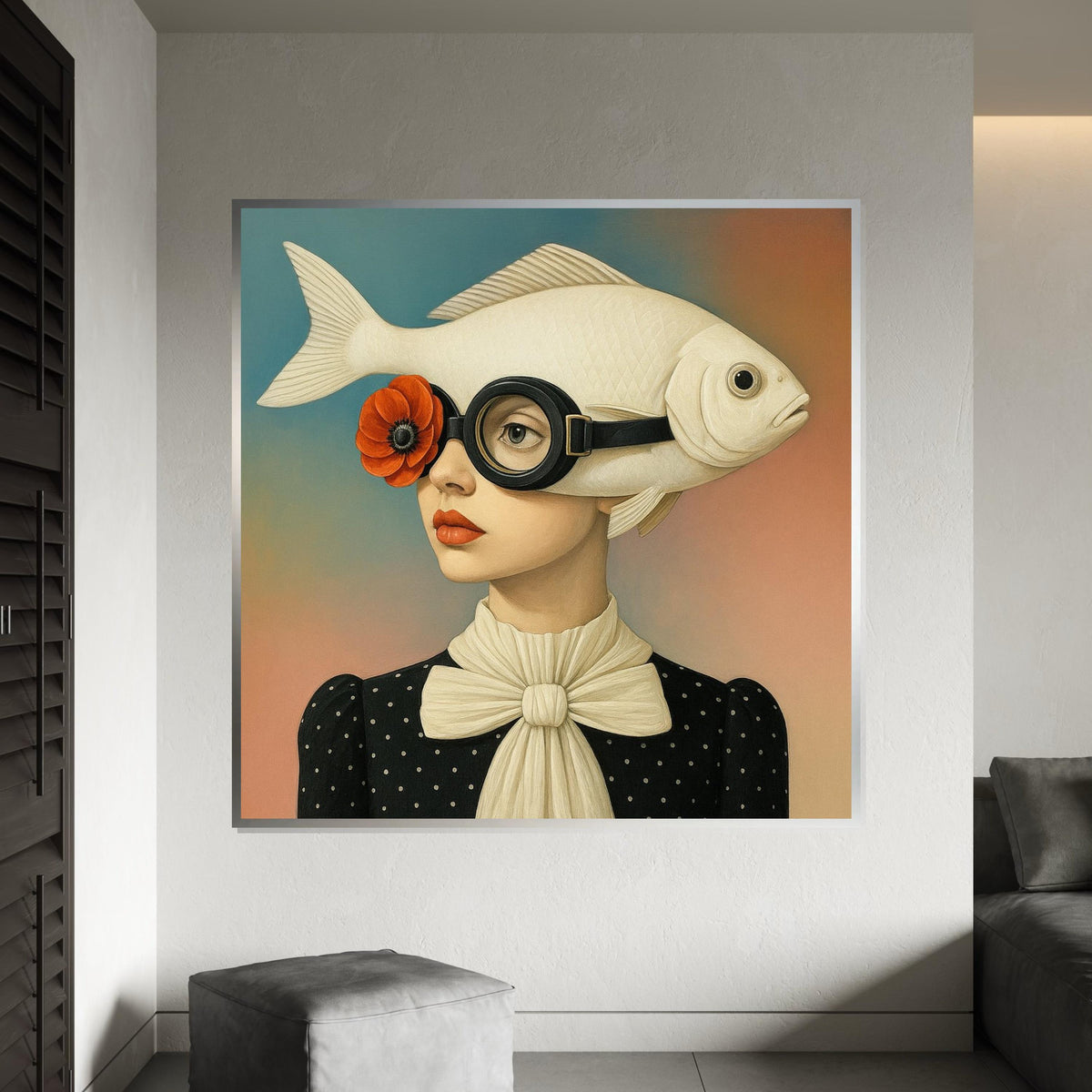 Surreal Fish Hat Lady Canvas, Pop Art Portrait, Unique Wall Art Canvas Design, Whimsical Decor, Ready To Hang Art, Fish Head Fashion