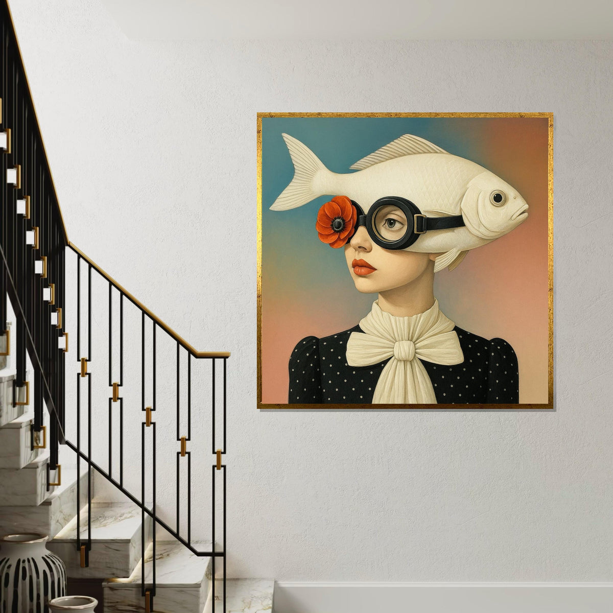 Surreal Fish Hat Lady Canvas, Pop Art Portrait, Unique Wall Art Canvas Design, Whimsical Decor, Ready To Hang Art, Fish Head Fashion