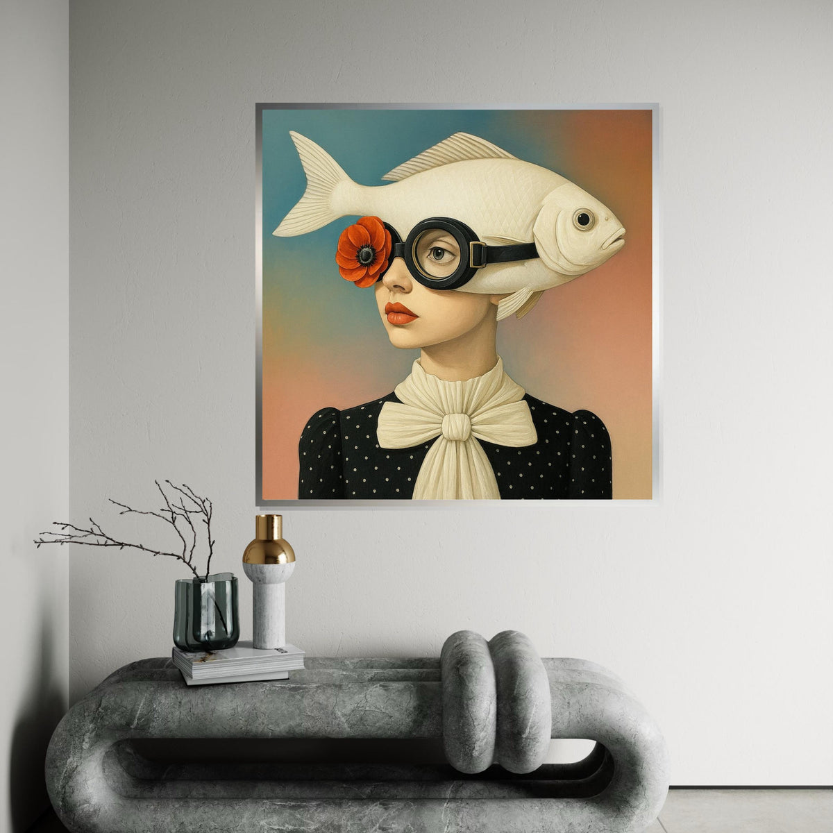 Surreal Fish Hat Lady Canvas, Pop Art Portrait, Unique Wall Art Canvas Design, Whimsical Decor, Ready To Hang Art, Fish Head Fashion