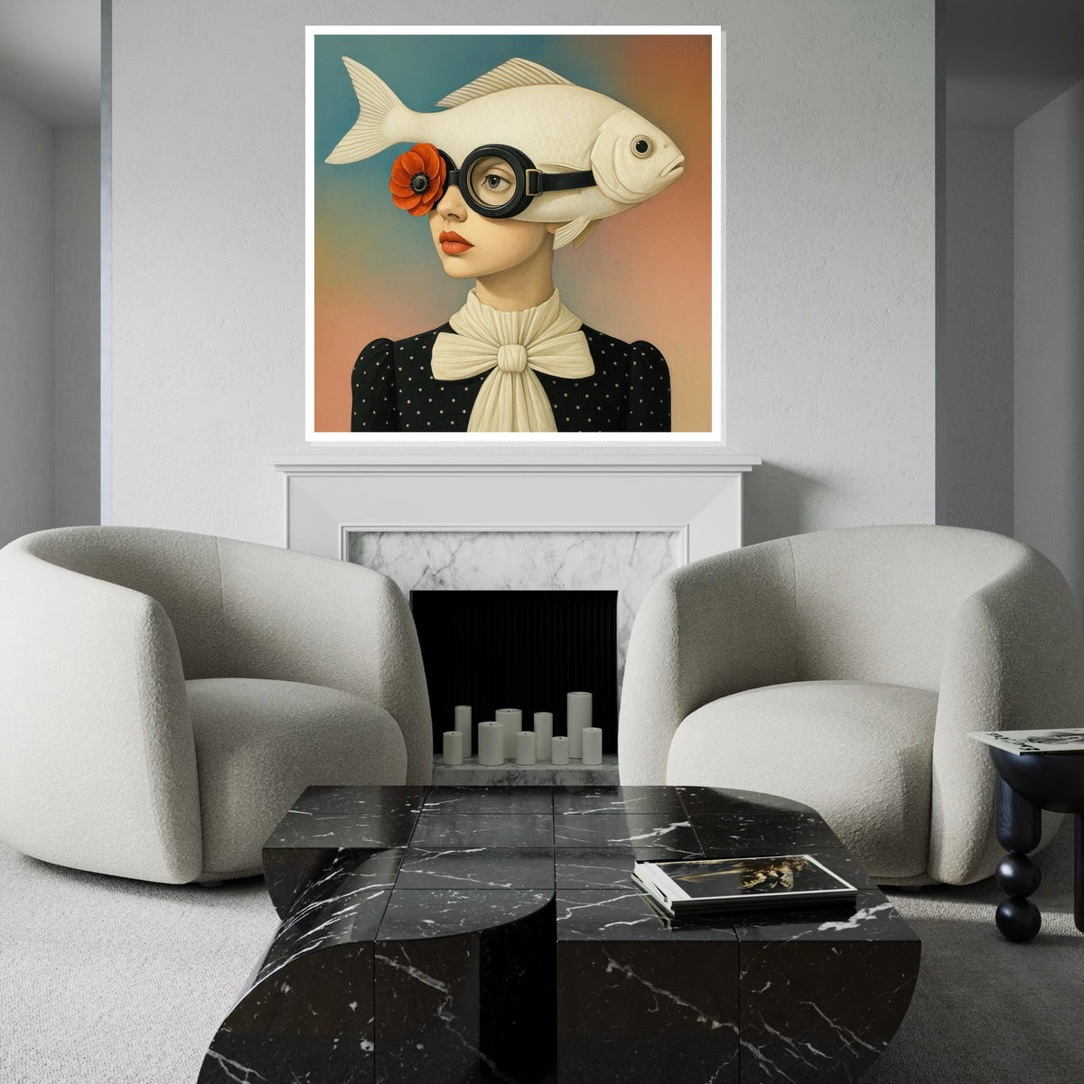 Surreal Fish Hat Lady Canvas, Pop Art Portrait, Unique Wall Art Canvas Design, Whimsical Decor, Ready To Hang Art, Fish Head Fashion