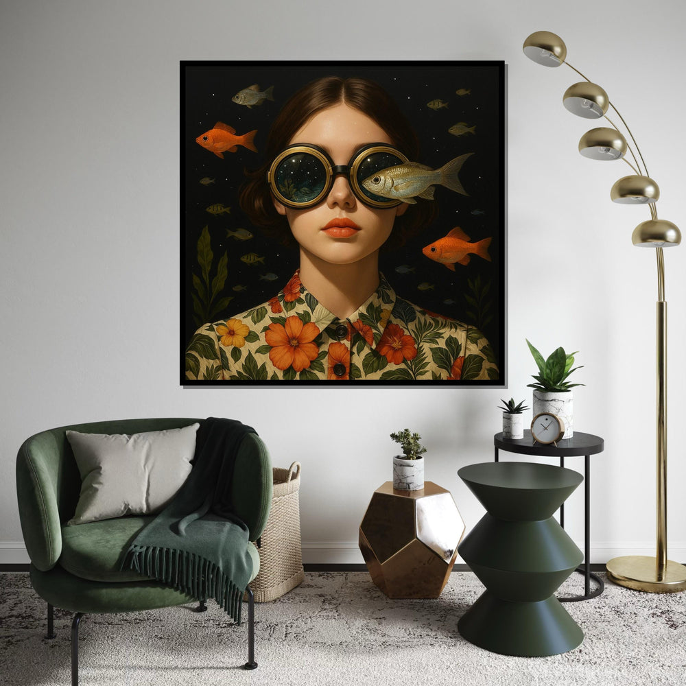 Surreal Ocean Goggles Canvas, Fish Vision Art, Whimsical Portrait Print, Wall Art Canvas Design, Ready To Hang Decoration