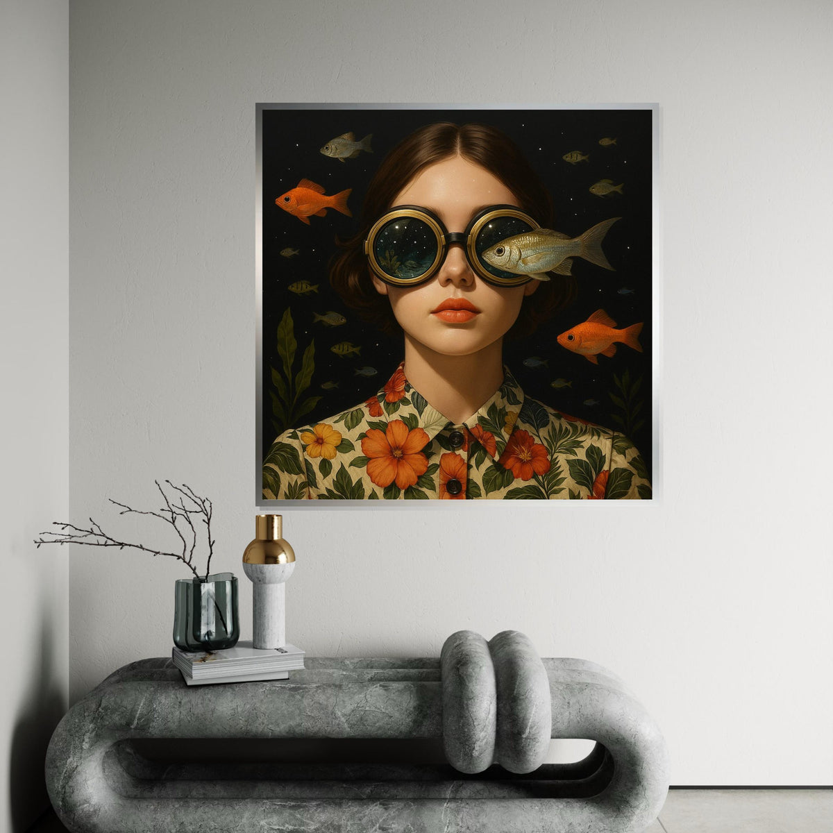 Surreal Ocean Goggles Canvas, Fish Vision Art, Whimsical Portrait Print, Wall Art Canvas Design, Ready To Hang Decoration