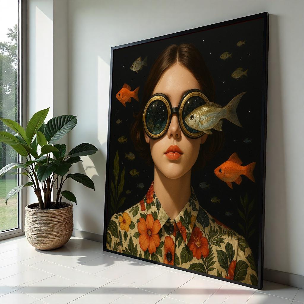 Surreal Ocean Goggles Canvas, Fish Vision Art, Whimsical Portrait Print, Wall Art Canvas Design, Ready To Hang Decoration