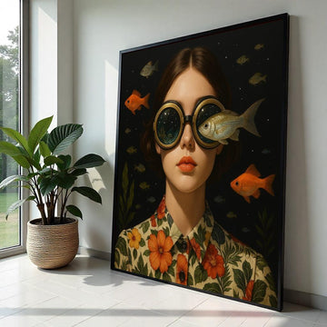 Surreal Ocean Goggles Canvas, Fish Vision Art, Whimsical Portrait Print, Wall Art Canvas Design, Ready To Hang Decoration