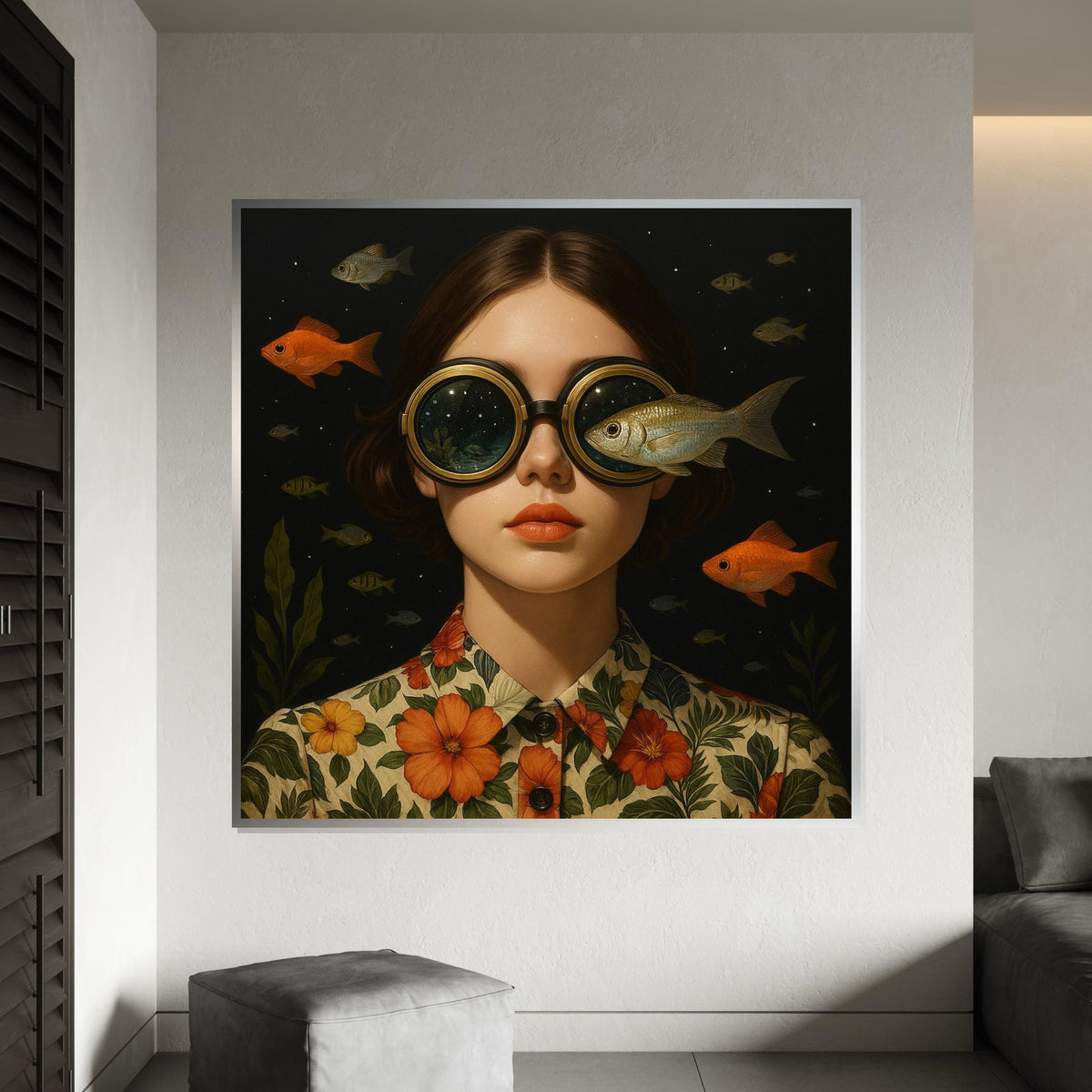 Surreal Ocean Goggles Canvas, Fish Vision Art, Whimsical Portrait Print, Wall Art Canvas Design, Ready To Hang Decoration