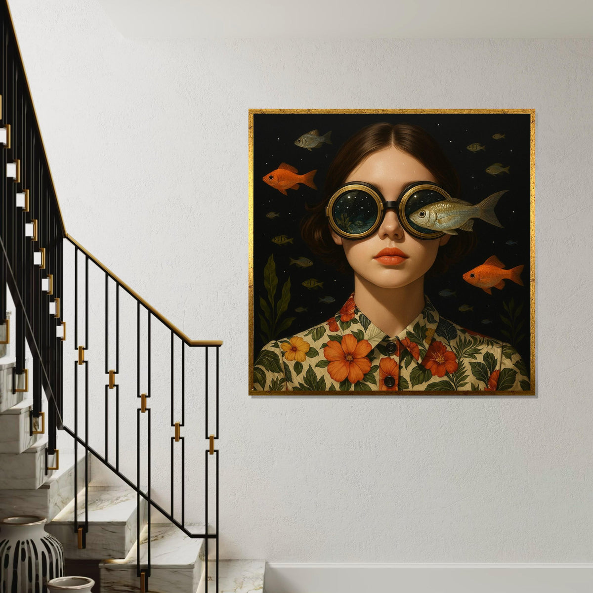 Surreal Ocean Goggles Canvas, Fish Vision Art, Whimsical Portrait Print, Wall Art Canvas Design, Ready To Hang Decoration