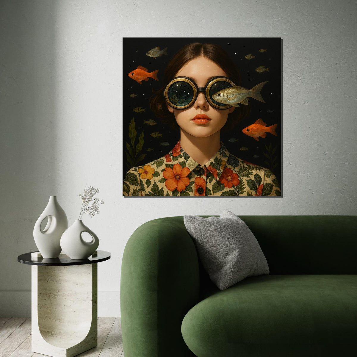Surreal Ocean Goggles Canvas, Fish Vision Art, Whimsical Portrait Print, Wall Art Canvas Design, Ready To Hang Decoration