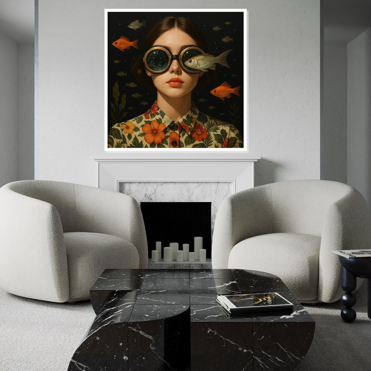 Surreal Ocean Goggles Canvas, Fish Vision Art, Whimsical Portrait Print, Wall Art Canvas Design, Ready To Hang Decoration