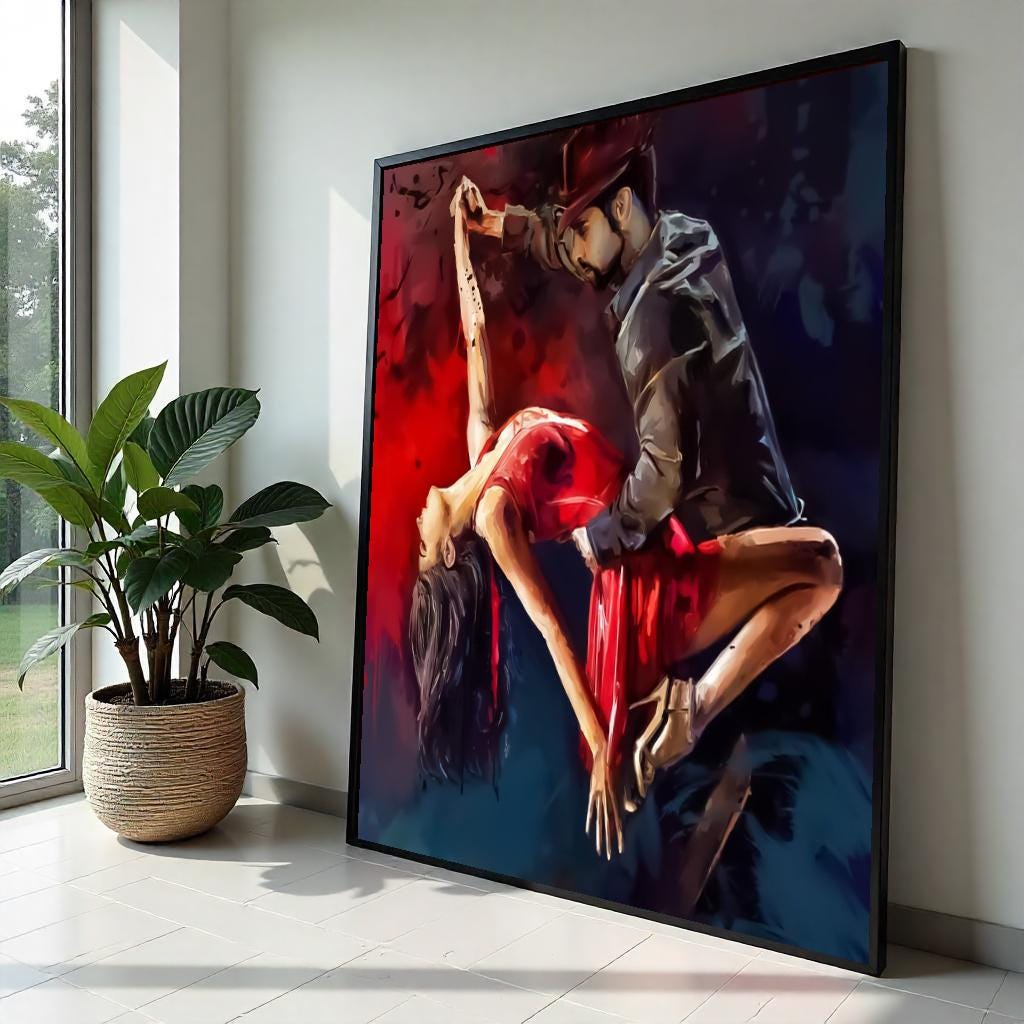 Passionate Dance Canvas, Couple Dancing Art, Red Dress Wall Print, Romance Poster, Wall Art Canvas Design, Ready To Hang Decoration