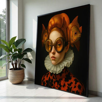 Woman Print, Fish Hat Portrait Canvas, Surreal Art, Quirky Renaissance Style, Wall Art Canvas Design, Ready to Hang Home Decoration