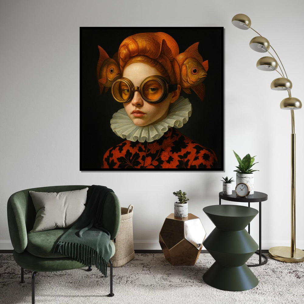 Woman Print, Fish Hat Portrait Canvas, Surreal Art, Quirky Renaissance Style, Wall Art Canvas Design, Ready to Hang Home Decoration