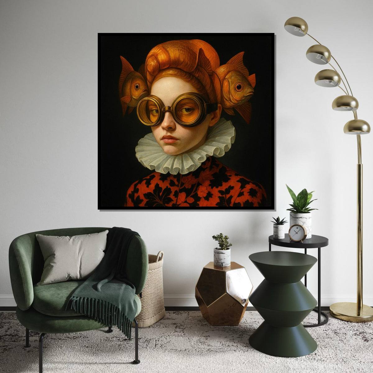 Woman Print, Fish Hat Portrait Canvas, Surreal Art, Quirky Renaissance Style, Wall Art Canvas Design, Ready to Hang Home Decoration