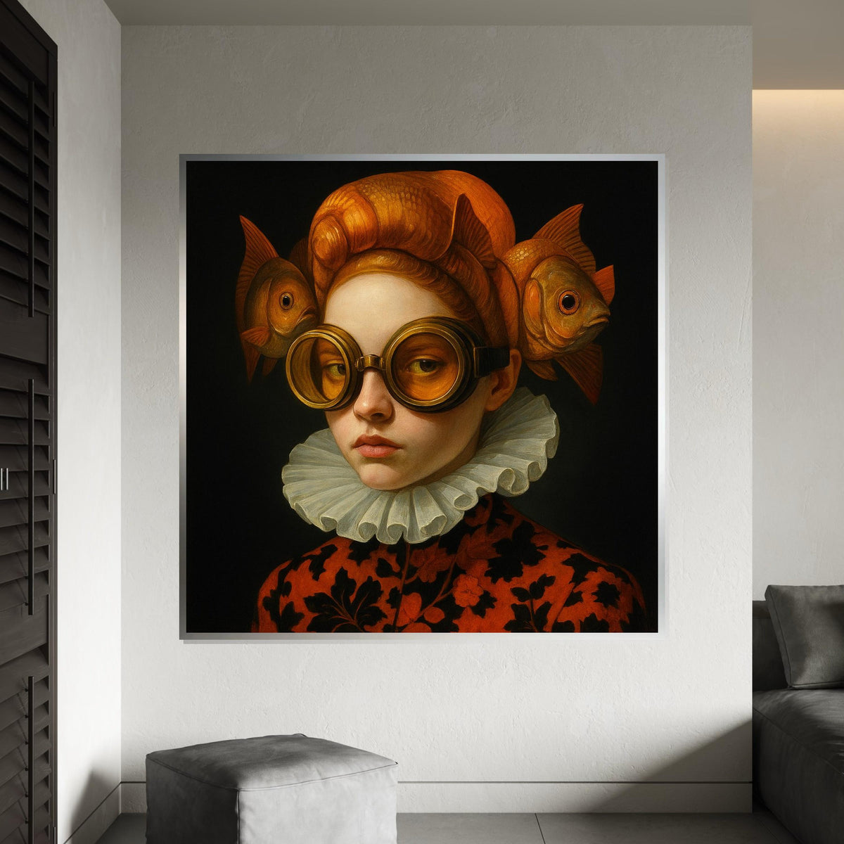 Woman Print, Fish Hat Portrait Canvas, Surreal Art, Quirky Renaissance Style, Wall Art Canvas Design, Ready to Hang Home Decoration