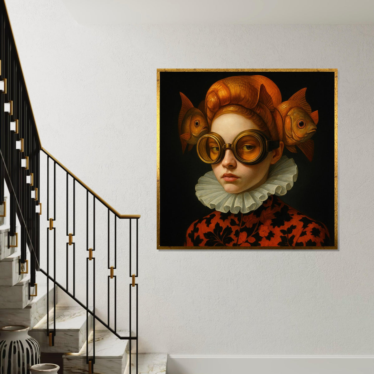 Woman Print, Fish Hat Portrait Canvas, Surreal Art, Quirky Renaissance Style, Wall Art Canvas Design, Ready to Hang Home Decoration