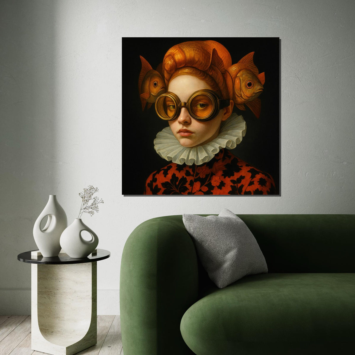 Woman Print, Fish Hat Portrait Canvas, Surreal Art, Quirky Renaissance Style, Wall Art Canvas Design, Ready to Hang Home Decoration