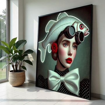 Surreal Fish Hat Portrait, Stylish Woman with Fish Hat Canvas, Whimsical Art, Wall Art Canvas Design, Ready to Hang Home Decor