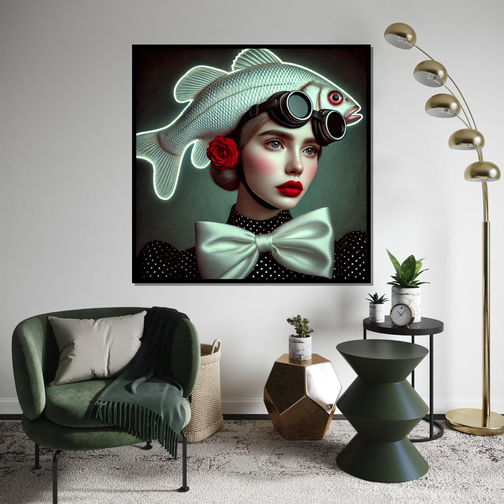 Surreal Fish Hat Portrait, Stylish Woman with Fish Hat Canvas, Whimsical Art, Wall Art Canvas Design, Ready to Hang Home Decor