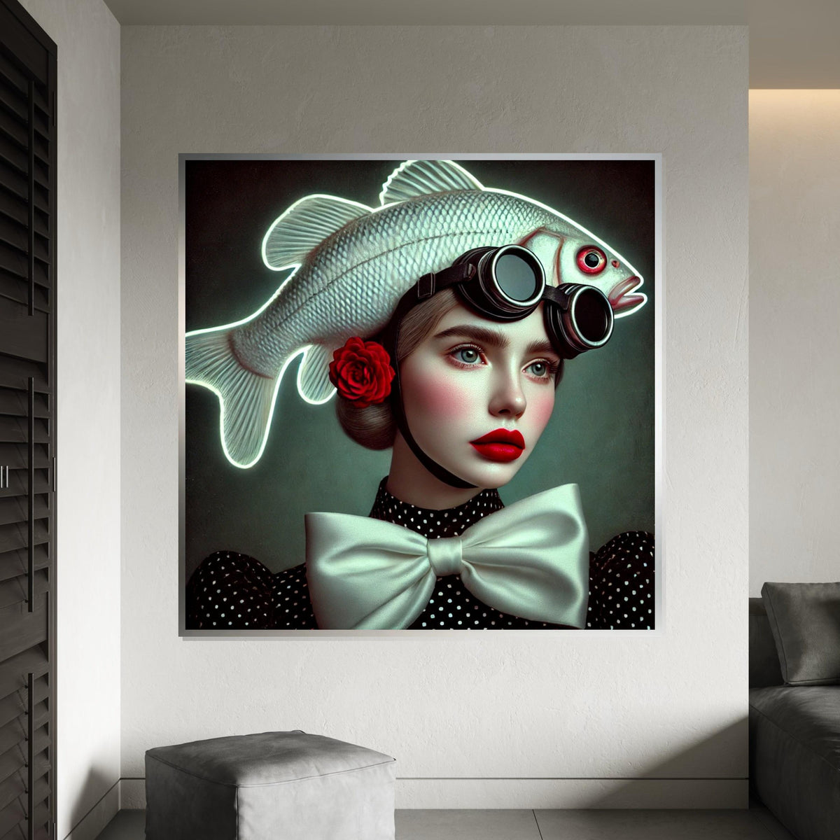 Surreal Fish Hat Portrait, Stylish Woman with Fish Hat Canvas, Whimsical Art, Wall Art Canvas Design, Ready to Hang Home Decor