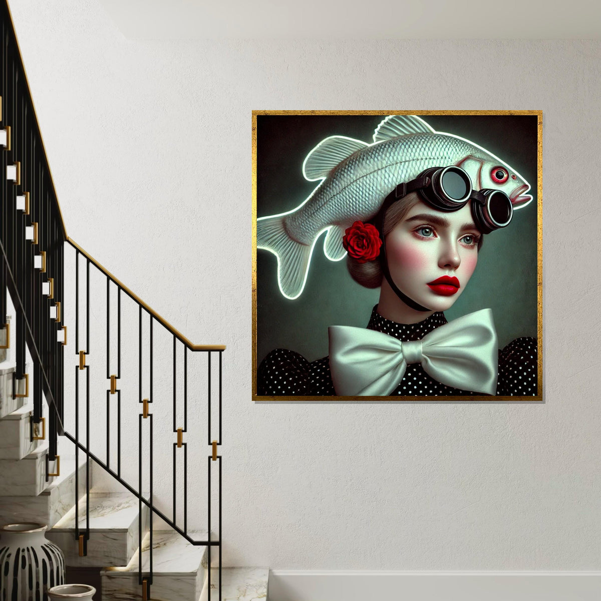 Surreal Fish Hat Portrait, Stylish Woman with Fish Hat Canvas, Whimsical Art, Wall Art Canvas Design, Ready to Hang Home Decor
