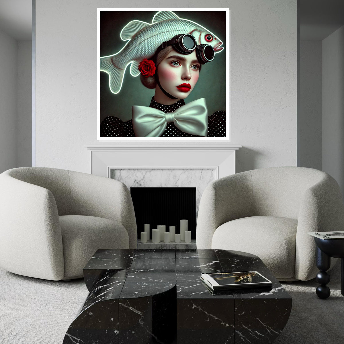 Surreal Fish Hat Portrait, Stylish Woman with Fish Hat Canvas, Whimsical Art, Wall Art Canvas Design, Ready to Hang Home Decor
