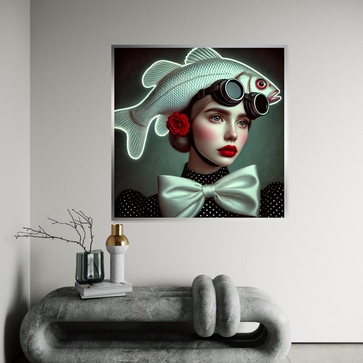 Surreal Fish Hat Portrait, Stylish Woman with Fish Hat Canvas, Whimsical Art, Wall Art Canvas Design, Ready to Hang Home Decor