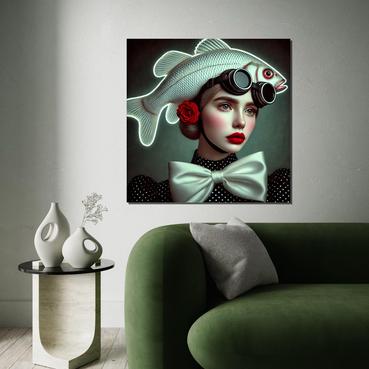 Surreal Fish Hat Portrait, Stylish Woman with Fish Hat Canvas, Whimsical Art, Wall Art Canvas Design, Ready to Hang Home Decor
