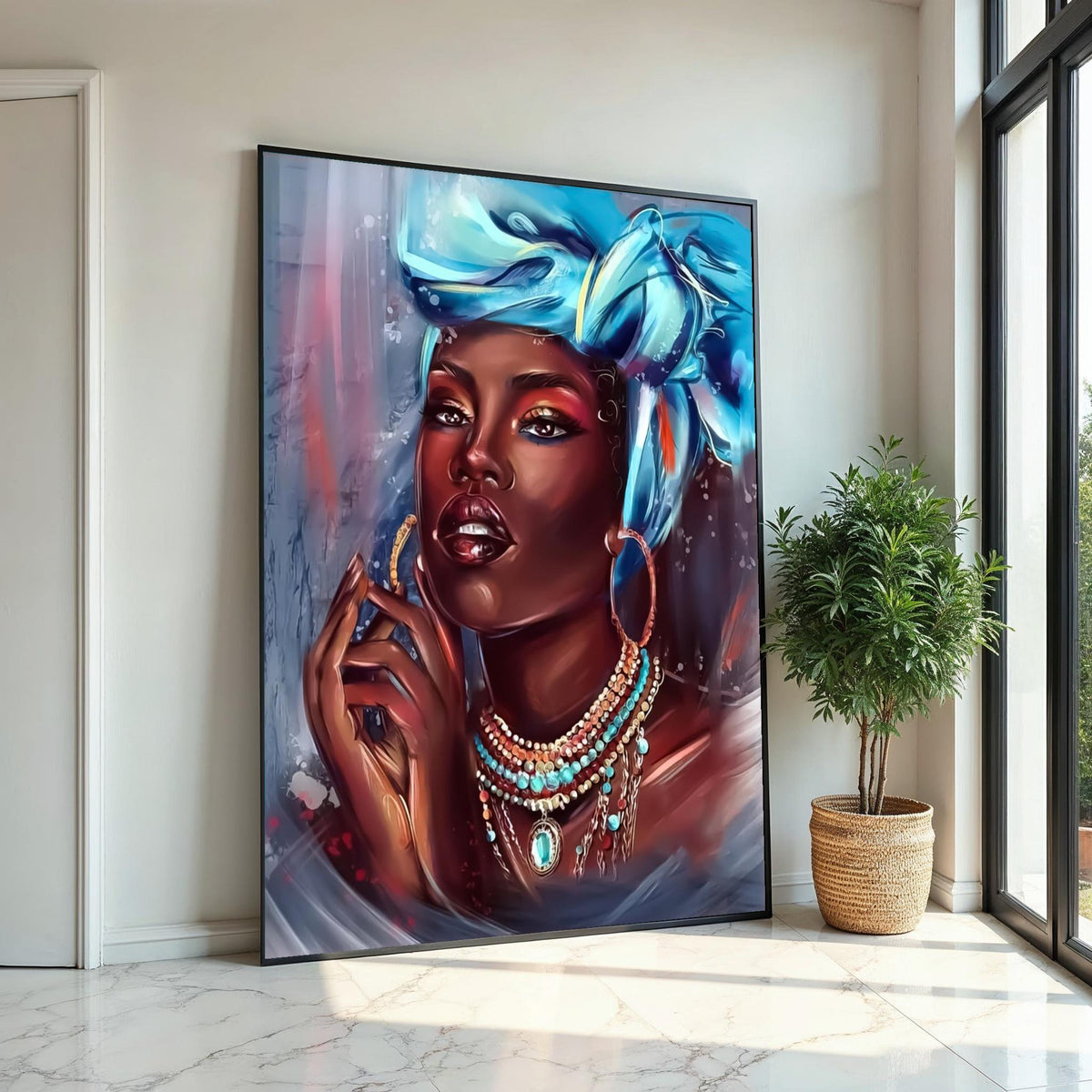 Elegant Turbaned Woman Canvas, Portrait Wall Art, Vibrant Jewelry Art, Wall Art Canvas Design, Ready To Hang Decoration