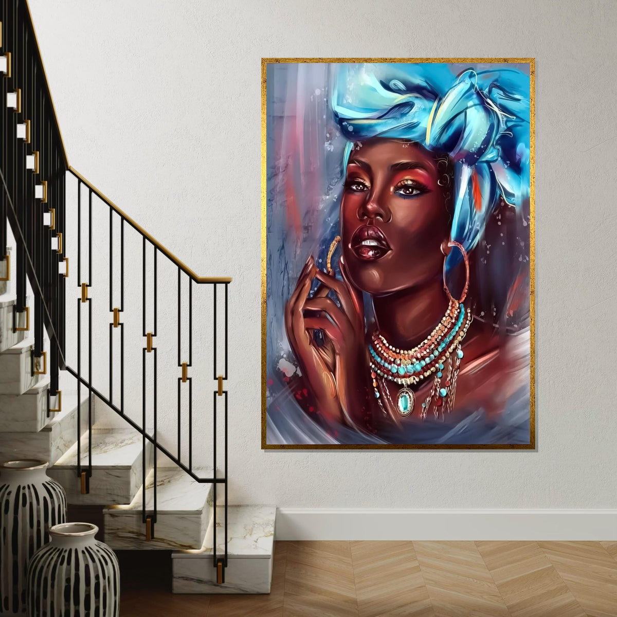 Elegant Turbaned Woman Canvas, Portrait Wall Art, Vibrant Jewelry Art, Wall Art Canvas Design, Ready To Hang Decoration