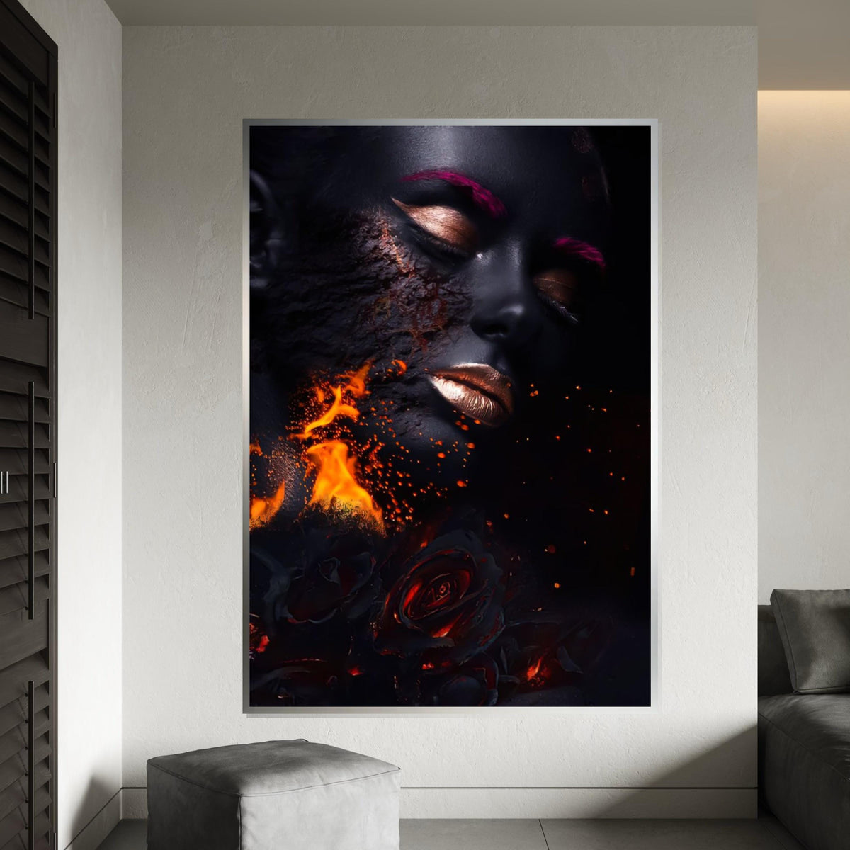 Fiery Beauty Canvas Art, Woman on Fire Print, Surreal Face Wall Art, Burning Roses Poster, Wall Art Canvas Design, Ready to Hang