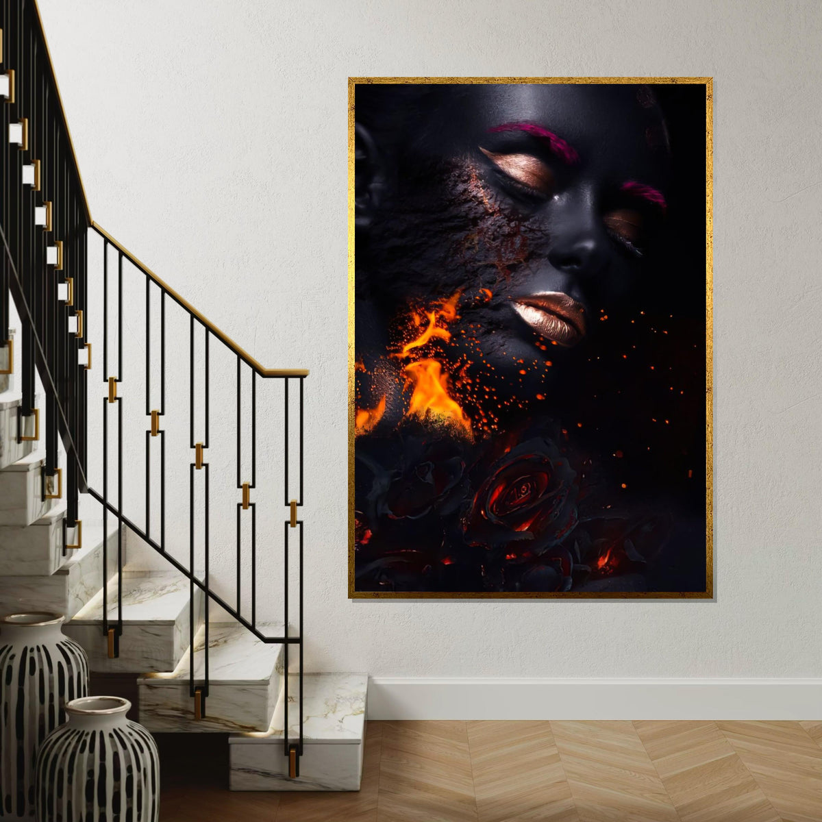 Fiery Beauty Canvas Art, Woman on Fire Print, Surreal Face Wall Art, Burning Roses Poster, Wall Art Canvas Design, Ready to Hang
