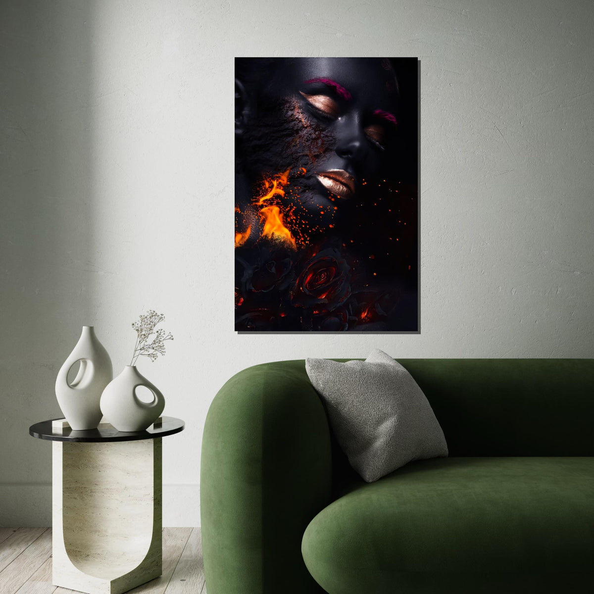 Fiery Beauty Canvas Art, Woman on Fire Print, Surreal Face Wall Art, Burning Roses Poster, Wall Art Canvas Design, Ready to Hang