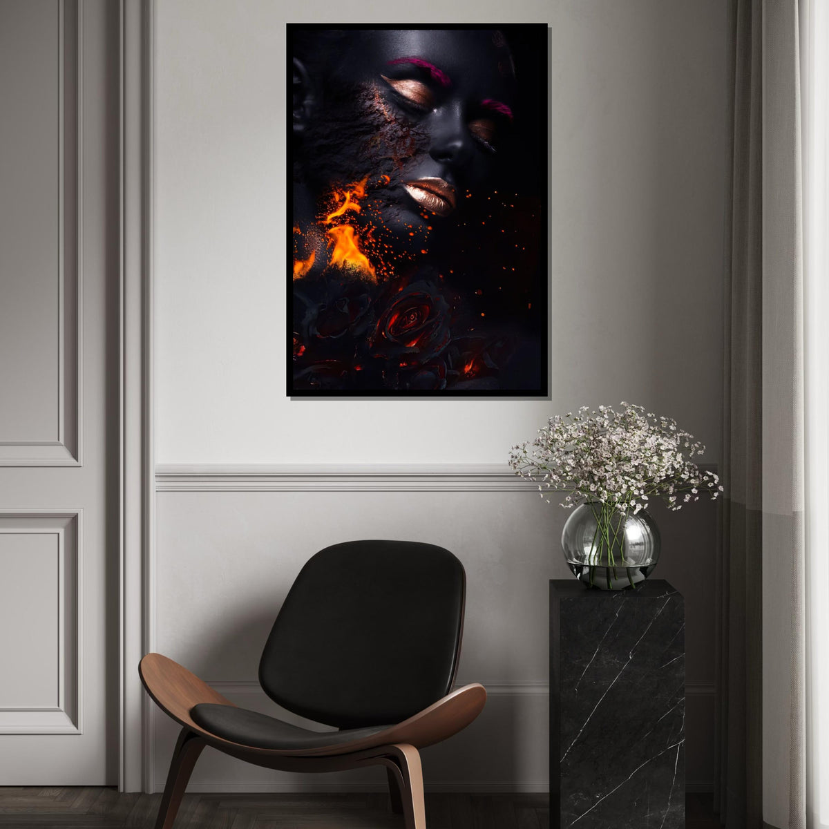 Fiery Beauty Canvas Art, Woman on Fire Print, Surreal Face Wall Art, Burning Roses Poster, Wall Art Canvas Design, Ready to Hang