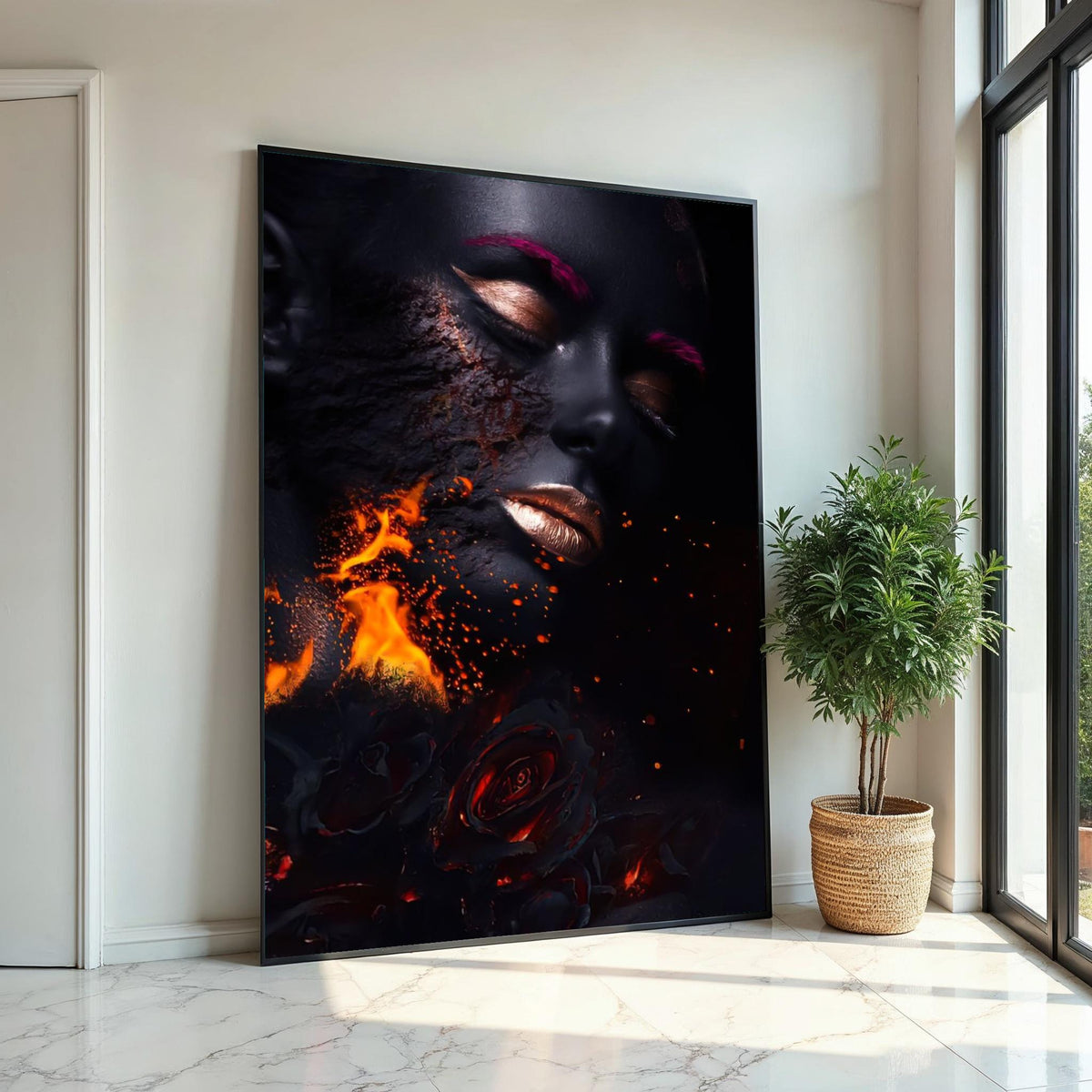 Fiery Beauty Canvas Art, Woman on Fire Print, Surreal Face Wall Art, Burning Roses Poster, Wall Art Canvas Design, Ready to Hang
