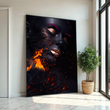 Fiery Beauty Canvas Art, Woman on Fire Print, Surreal Face Wall Art, Burning Roses Poster, Wall Art Canvas Design, Ready to Hang