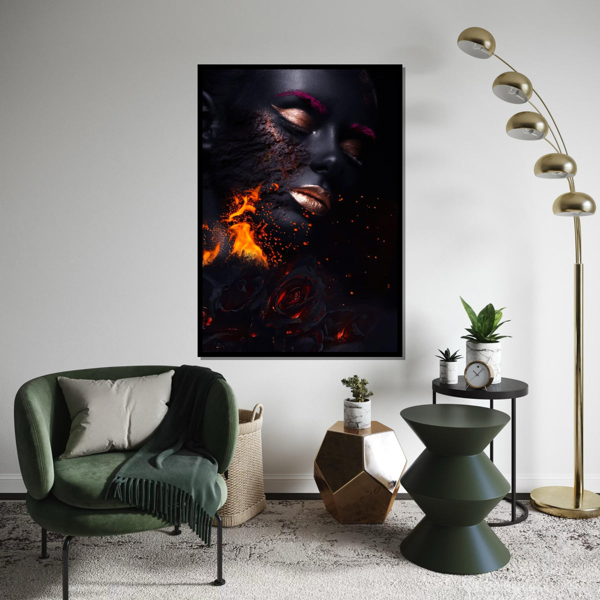 Fiery Beauty Canvas Art, Woman on Fire Print, Surreal Face Wall Art, Burning Roses Poster, Wall Art Canvas Design, Ready to Hang
