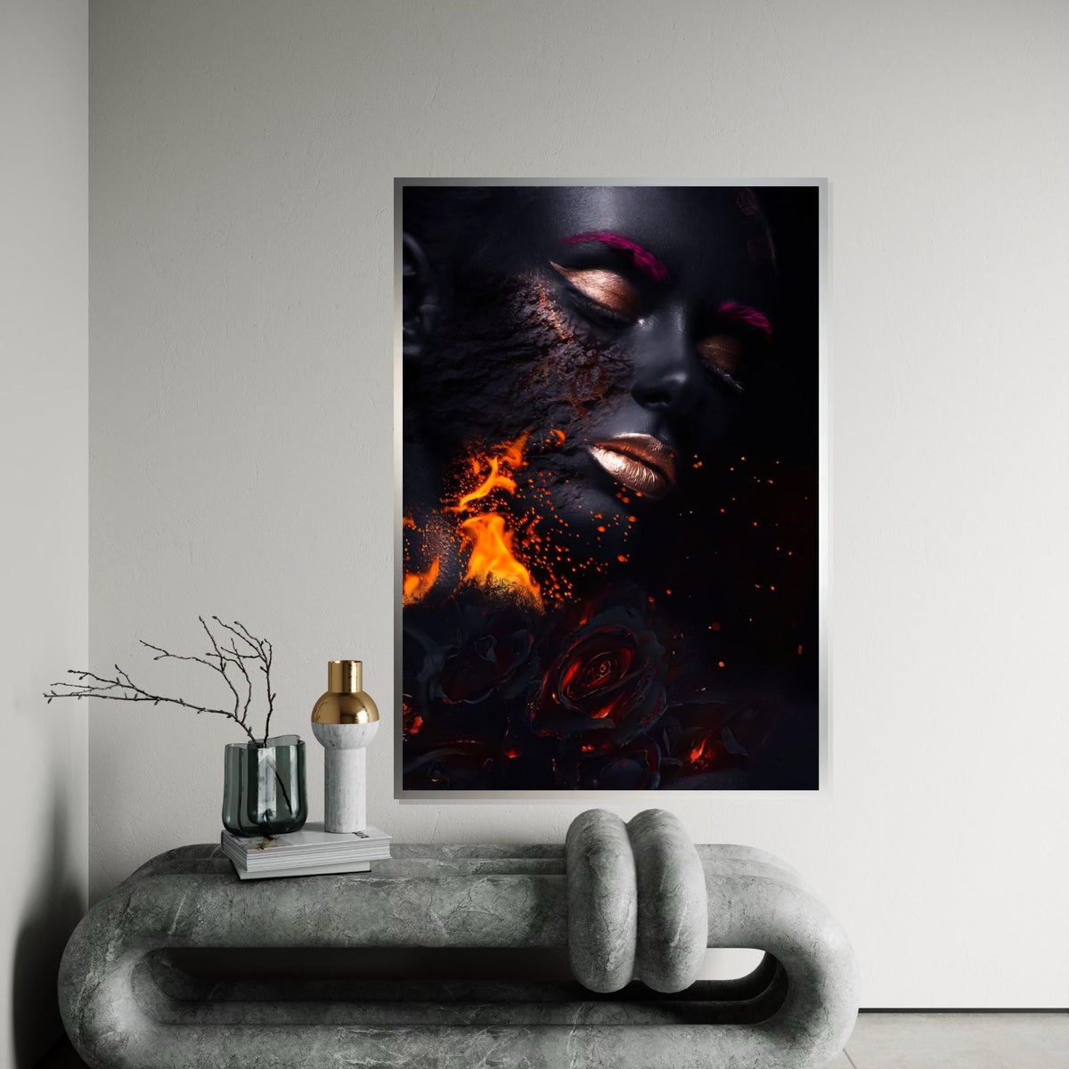 Fiery Beauty Canvas Art, Woman on Fire Print, Surreal Face Wall Art, Burning Roses Poster, Wall Art Canvas Design, Ready to Hang