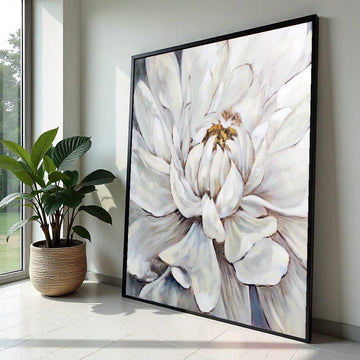 White Peony Bloom Canvas, Floral Wall Art, Peony Flower Painting, Wall Art Canvas Design, Ready to Hang Decoration
