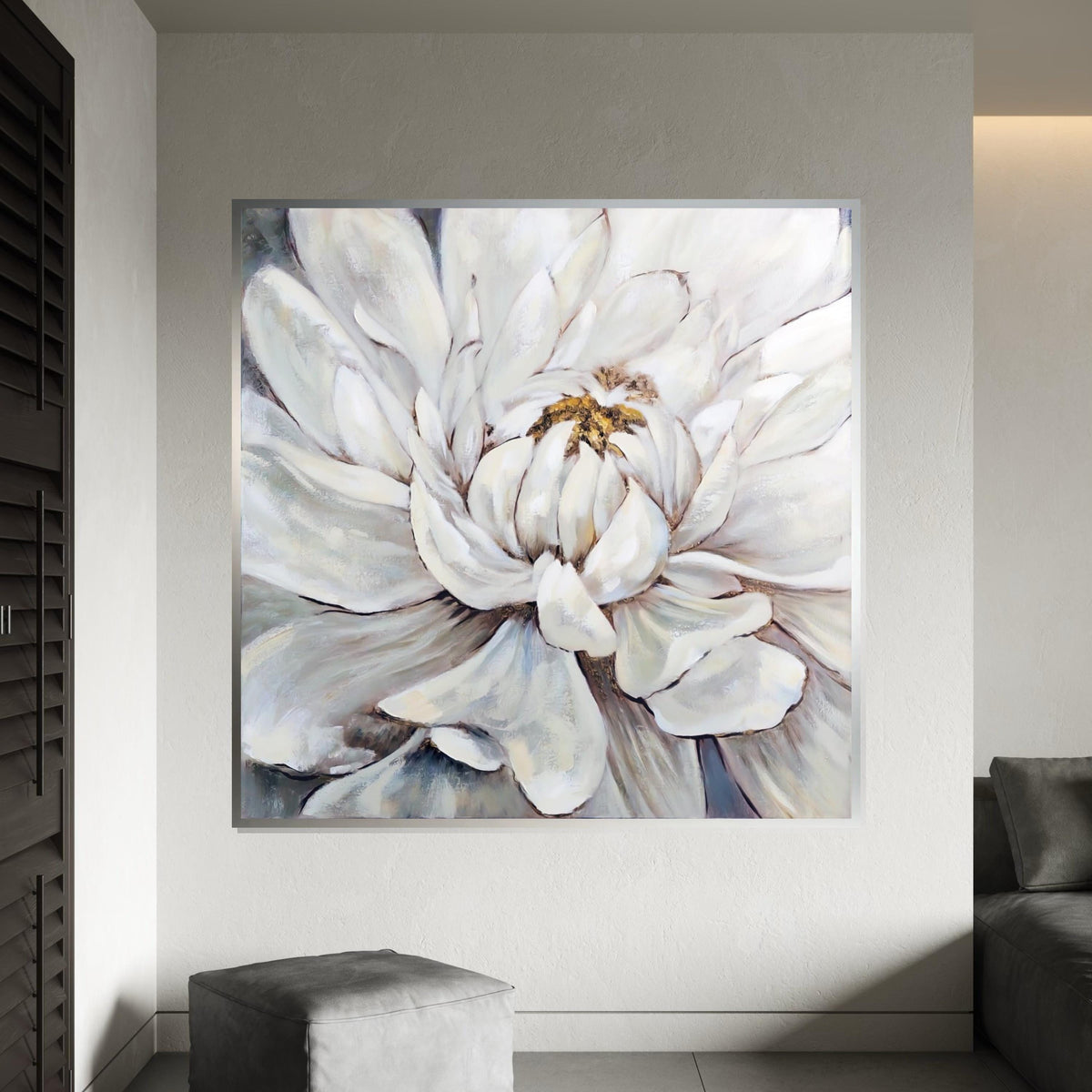 White Peony Bloom Canvas, Floral Wall Art, Peony Flower Painting, Wall Art Canvas Design, Ready to Hang Decoration