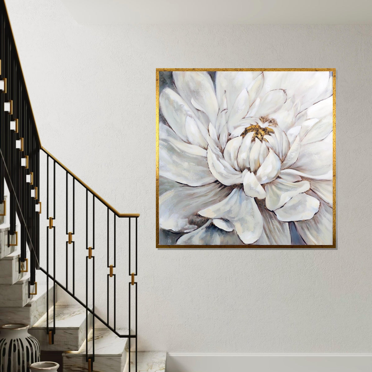 White Peony Bloom Canvas, Floral Wall Art, Peony Flower Painting, Wall Art Canvas Design, Ready to Hang Decoration