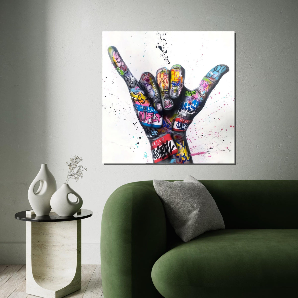 Graffiti Hand Canvas, Urban Art, Colorful Shaka Symbol Wall Art, Street Art Poster, Wall Art Canvas Design, Ready To Hang Decoration
