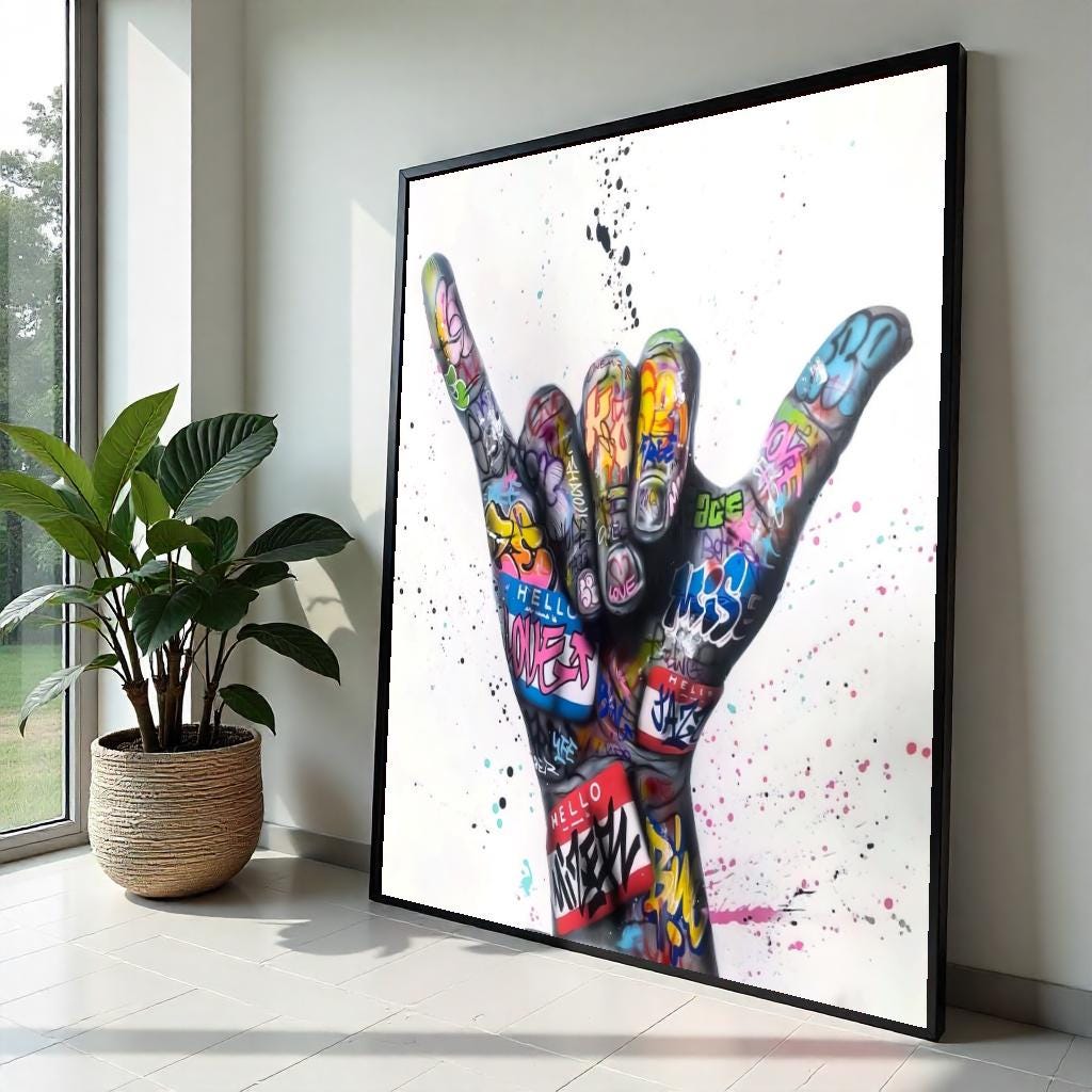 Graffiti Hand Canvas, Urban Art, Colorful Shaka Symbol Wall Art, Street Art Poster, Wall Art Canvas Design, Ready To Hang Decoration