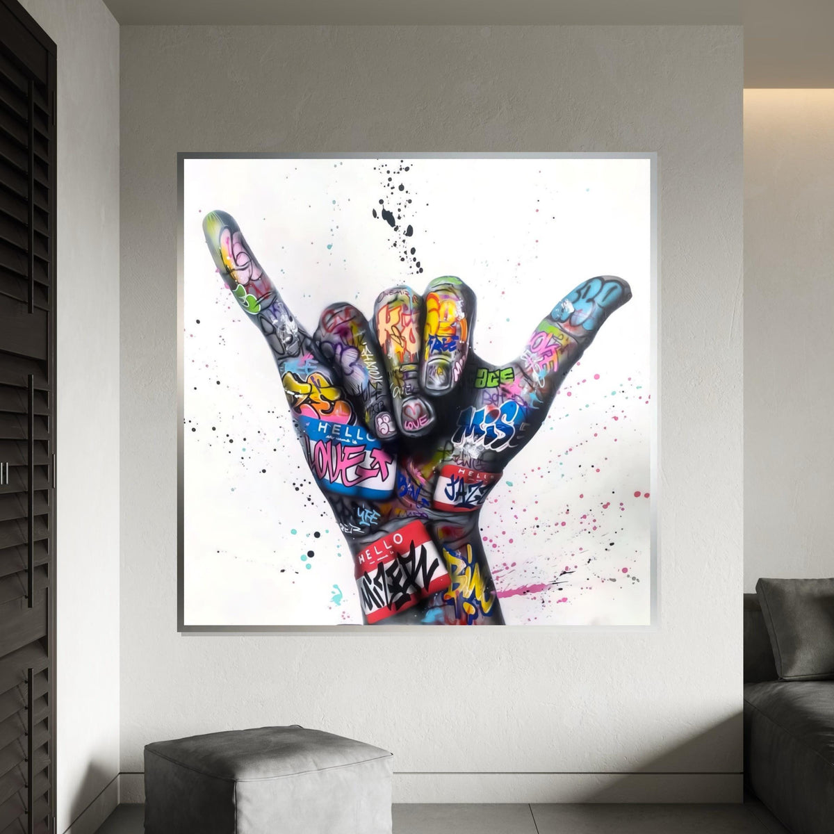 Graffiti Hand Canvas, Urban Art, Colorful Shaka Symbol Wall Art, Street Art Poster, Wall Art Canvas Design, Ready To Hang Decoration
