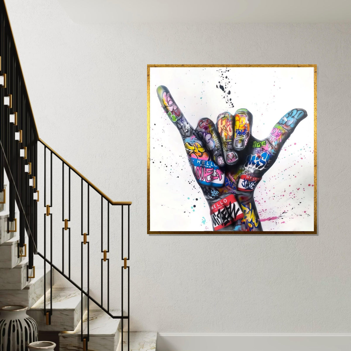 Graffiti Hand Canvas, Urban Art, Colorful Shaka Symbol Wall Art, Street Art Poster, Wall Art Canvas Design, Ready To Hang Decoration