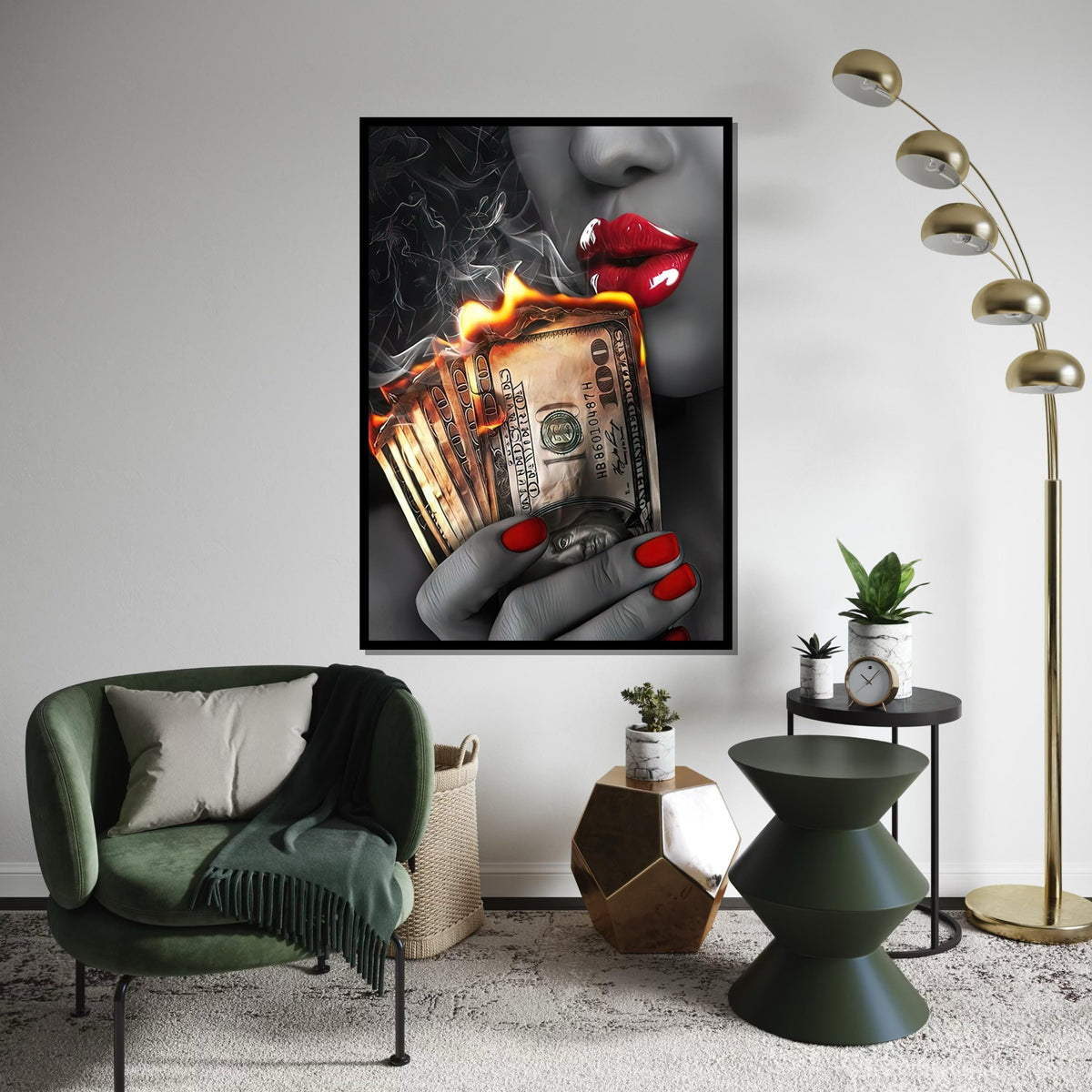 Burning Money Canvas Art, Red Lips Smoke Art, Money Wall Print, Stylish Decor Canvas, Wall Art Canvas Design, Ready to Hang Decoration