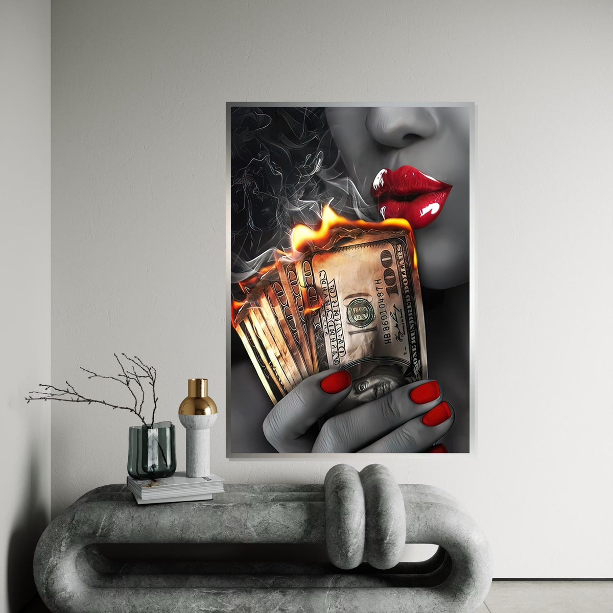 Burning Money Canvas Art, Red Lips Smoke Art, Money Wall Print, Stylish Decor Canvas, Wall Art Canvas Design, Ready to Hang Decoration