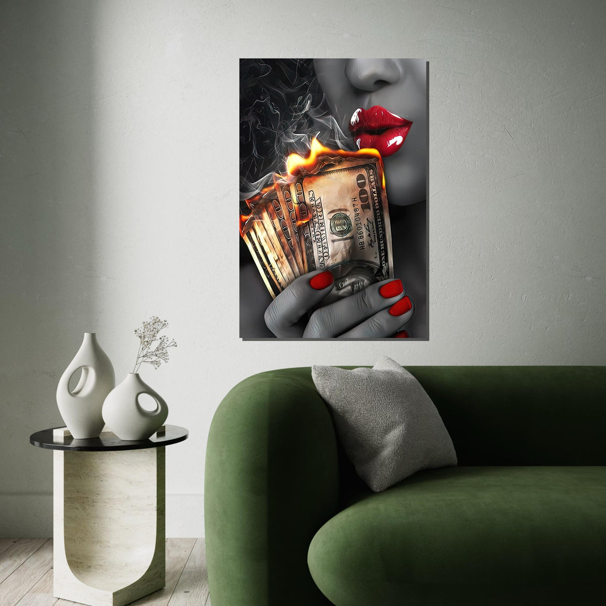 Burning Money Canvas Art, Red Lips Smoke Art, Money Wall Print, Stylish Decor Canvas, Wall Art Canvas Design, Ready to Hang Decoration