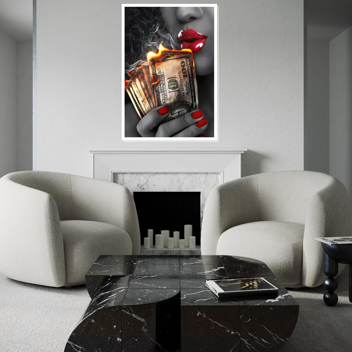 Burning Money Canvas Art, Red Lips Smoke Art, Money Wall Print, Stylish Decor Canvas, Wall Art Canvas Design, Ready to Hang Decoration