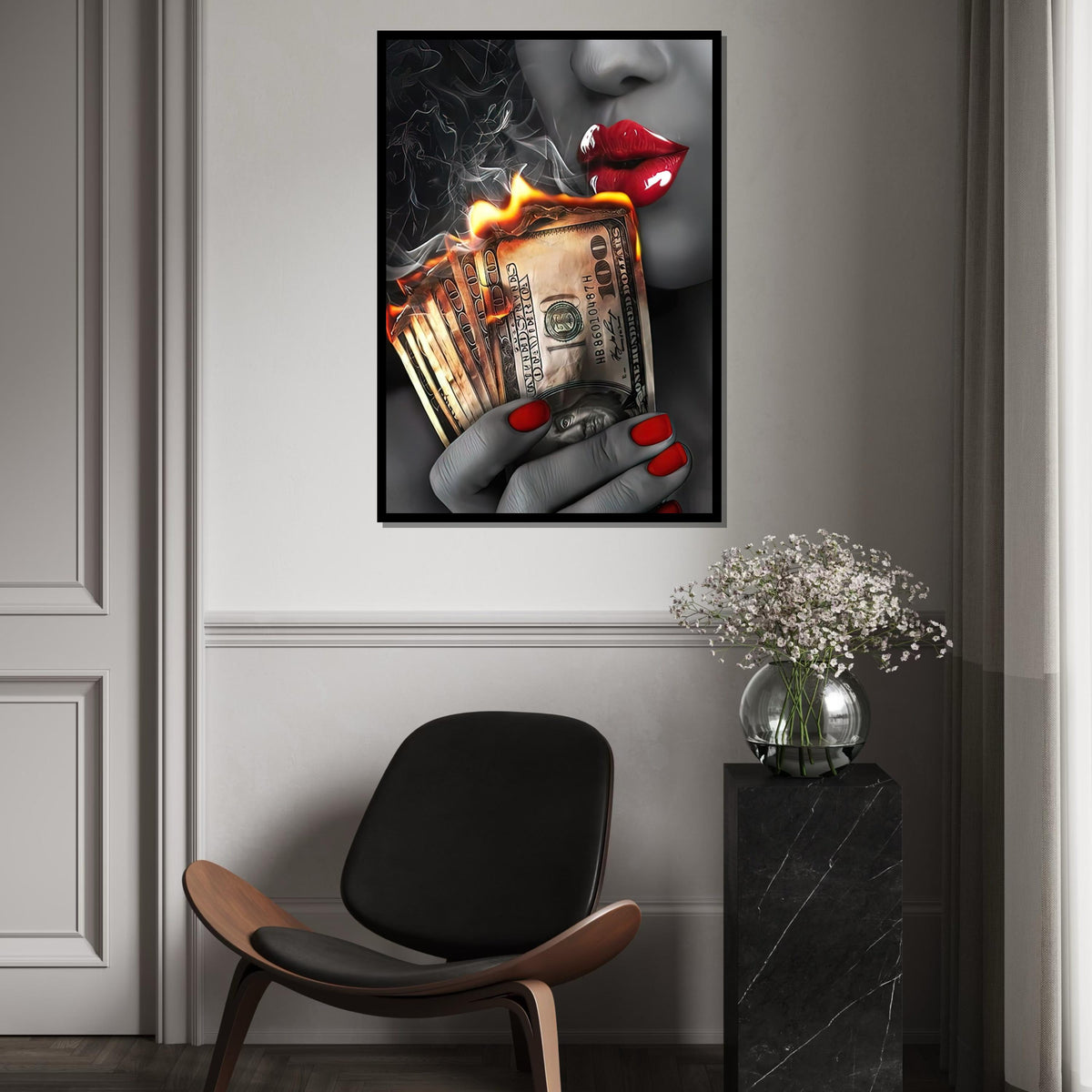Burning Money Canvas Art, Red Lips Smoke Art, Money Wall Print, Stylish Decor Canvas, Wall Art Canvas Design, Ready to Hang Decoration