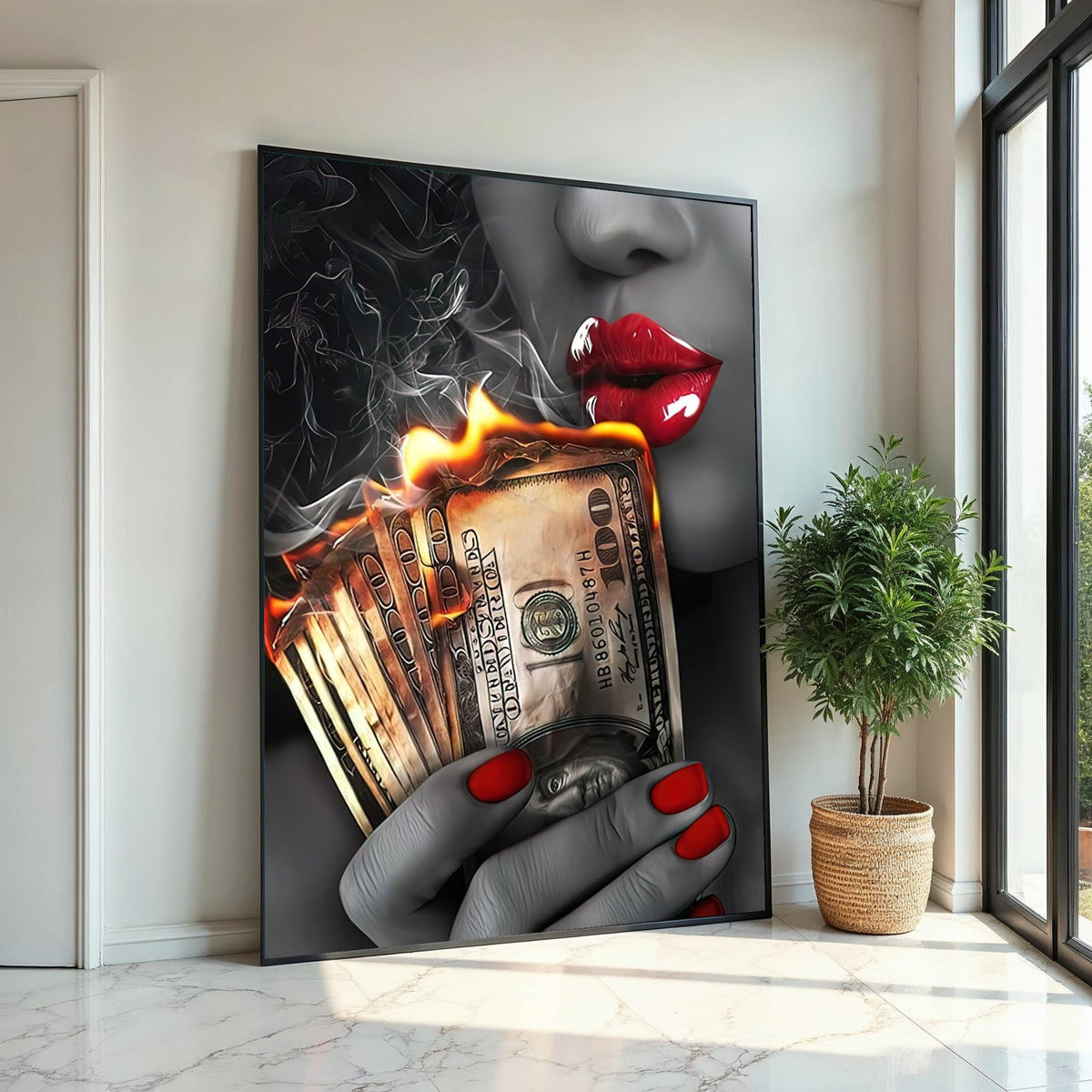 Burning Money Canvas Art, Red Lips Smoke Art, Money Wall Print, Stylish Decor Canvas, Wall Art Canvas Design, Ready to Hang Decoration