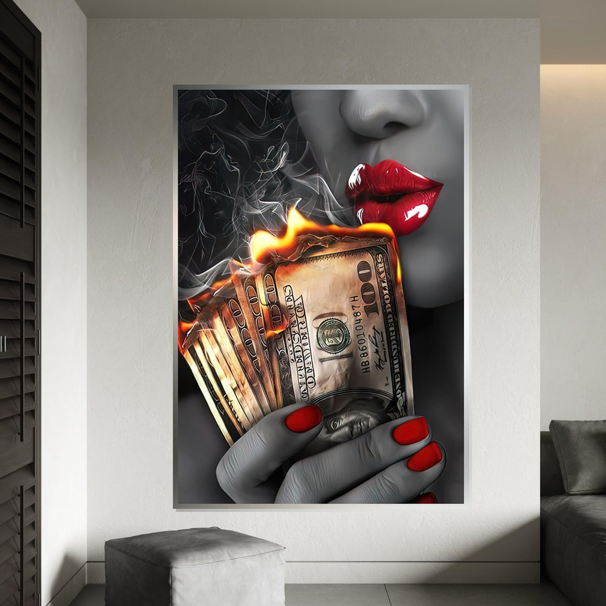 Burning Money Canvas Art, Red Lips Smoke Art, Money Wall Print, Stylish Decor Canvas, Wall Art Canvas Design, Ready to Hang Decoration